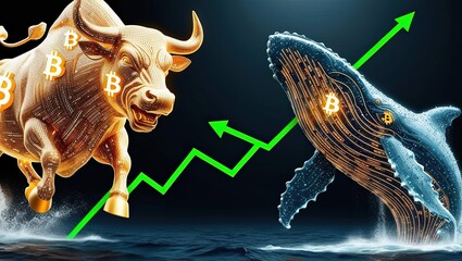 Bull vs whale cryptocurrency showdown in the finance world dynamic art concept dark background market trends bitcoin insights