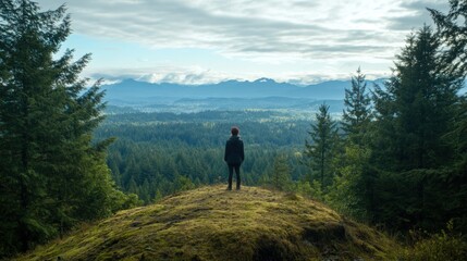 Obraz premium Solitary Hiker on Mossy Hilltop, Contemplating Mountain Vista