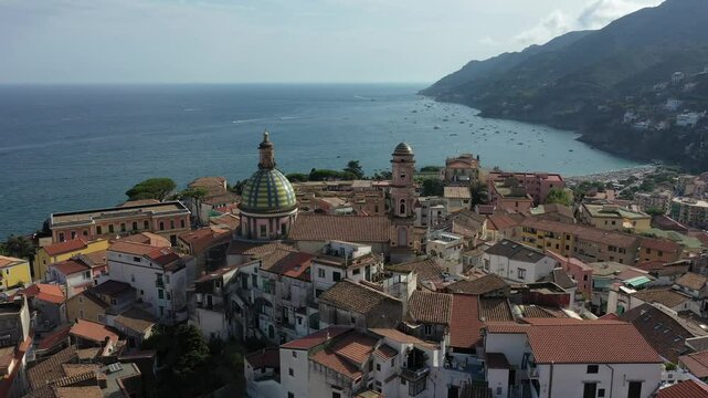 Aerial view of the sea, promenade and central part of the town of Vietri sul Mare on a sunny summer day, Raite, Salerno, Italy