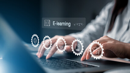 E-learning program certificate and online education learning workshop training.Male and female...