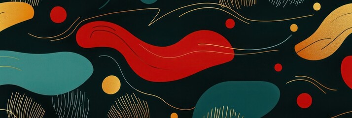 Elongated festive minimalist pattern on Dark Forest Green background with Carmine Red, Bright Gold, and Sky Blue , accented by Deep Blue shadows  and Cool Gray emboss 