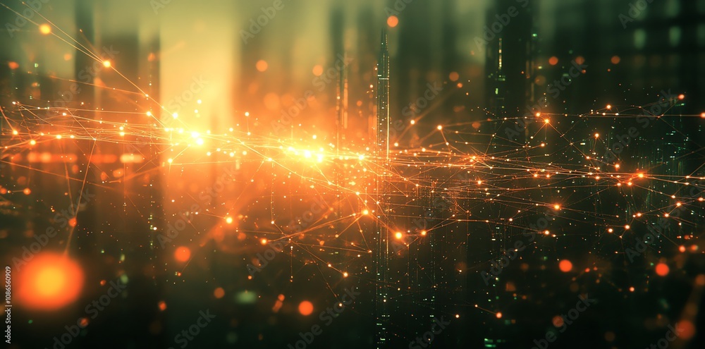 Poster abstract background with glowing orange lights and blurred cityscape, representing connection, techn