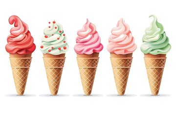 illustration of an ice cream set. Different types and tastes of cold desserts cups cones soft serve bars sticks popsicles frozen juice in waffles and on sticks. Vintage hand-drawn style generative ai