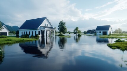 Obraz premium A serene landscape featuring houses surrounded by calm floodwaters.