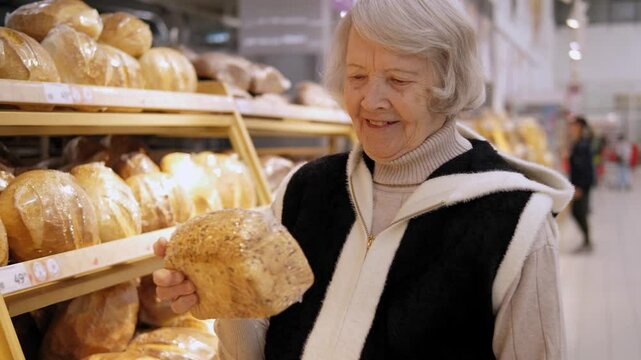An old woman with gray hair chooses bread in a large supermarket, she stands near the shelves with bread and reads the composition in the products.