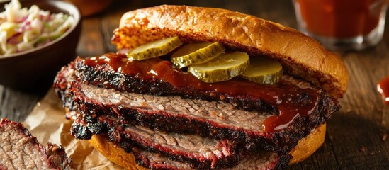 Texas-style brisket sandwich on toasted bun, tender slices of smoked brisket, topped with BBQ sauce and pickles, served with coleslaw on the side, close-up shot 