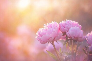 Obraz premium Beautiful pink peonies in the sunlight, with a blurred background and a soft color palette. 