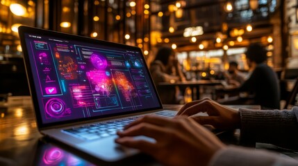 Person using laptop with futuristic UI in cafe.