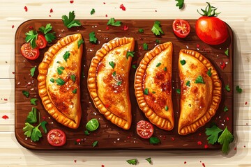 Obraz premium Traditional cuisine with homemade empanadas on rustic wooden board decorated with fresh herbs and cherry tomatoes