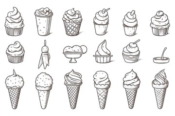 illustration of an ice cream set. Different types and tastes of cold desserts cups cones soft serve bars sticks popsicles frozen juice in waffles and on sticks. Vintage hand-drawn style generative ai