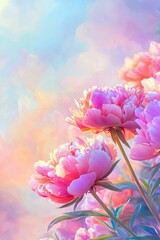 Fototapeta premium Beautiful pink peonies in the sunlight, with a blurred background and a soft color palette. 