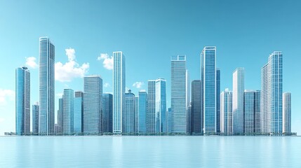 Obraz premium Modern city skyline with glass buildings and clear blue sky.