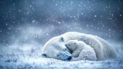 Obraz premium Polar Bear Mother and Cub Snuggle in Snowy Winter Blizzard