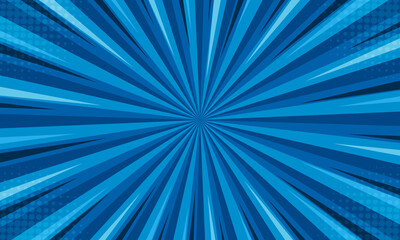 Abstract blue comic style sunburst pop art with halftone design background