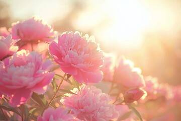 Fototapeta premium Beautiful pink peonies in the sunlight, with a blurred background and a soft color palette. 