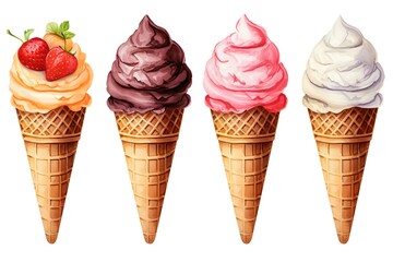 illustration of an ice cream set. Different types and tastes of cold desserts cups cones soft serve bars sticks popsicles frozen juice in waffles and on sticks. Vintage hand-drawn style generative ai