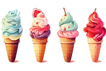 illustration of an ice cream set. Different types and tastes of cold desserts cups cones soft serve bars sticks popsicles frozen juice in waffles and on sticks. Vintage hand-drawn style generative ai	