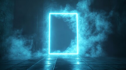 Obraz premium Neon Blue Square, Luxe Geometry on Cloudy Background with Rays, Modern Abstract Design