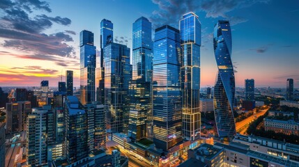 Naklejka premium Modern Skyscrapers at Sunset in a Metropolis