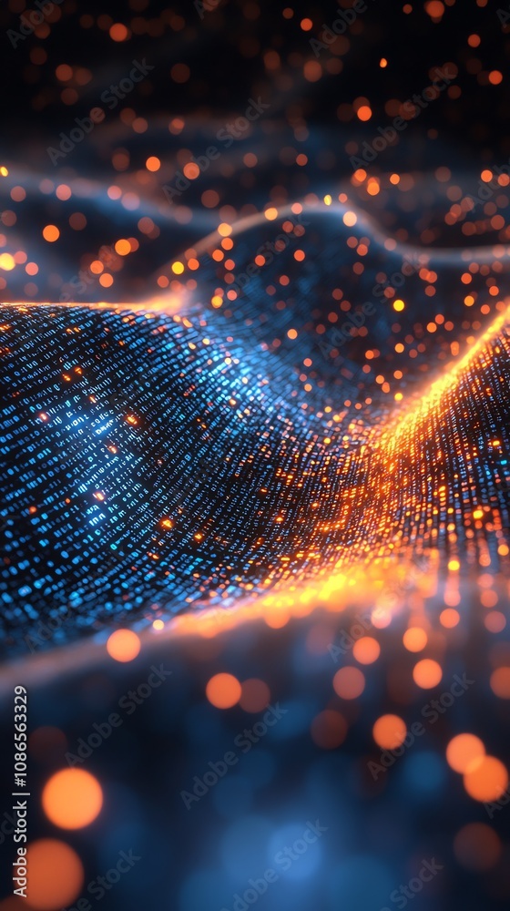Poster Abstract background with glowing particles and wave pattern in blue and orange.