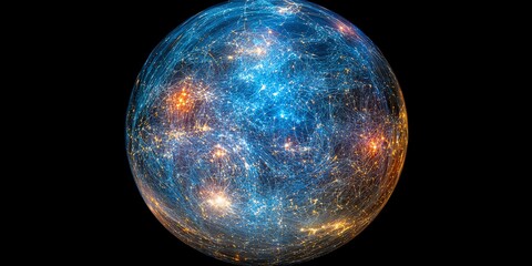 Abstract blue and orange sphere with glowing dots and lines on a black background.