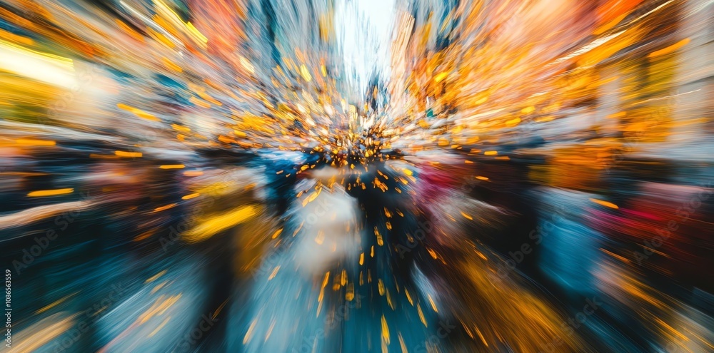 Poster abstract blurred cityscape with motion lines and lights.