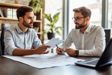 Architect in business casual attire presenting a blueprint to a client in a sleek conference room