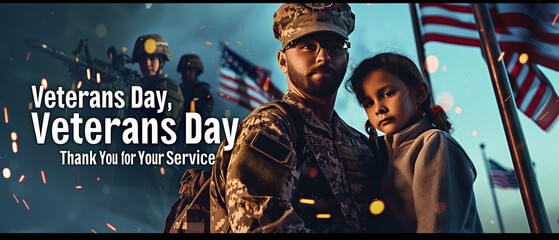 A man in military uniform standing with his daughter near waving American flags1