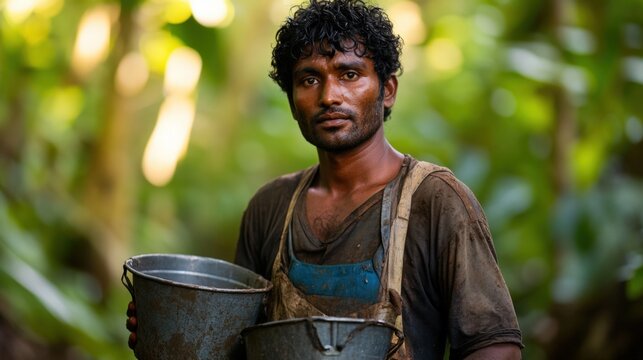 Sri Lankan Rubber Tapper, Muddy Buckets, Tropical Forest, Hard Work