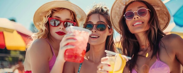 Women with tropical drinks at sunlit poolside bar