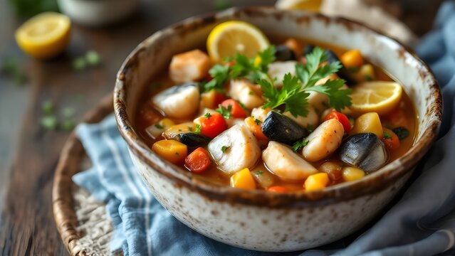 Kakavia (Greek Fish Soup) in a Rustic Bowl with Fresh Lemon and Parsley Garnish (Greek Cuisine)