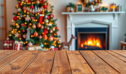 for mock-up, wooden table in the foreground is positioned in front of a blurred background consisting of a beautifully decorated Christmas tree, adorned with vibrant ornaments and lights.
