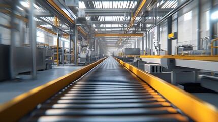 Fototapeta premium High-Tech Factory Interior with a Conveyor Belt System and Advanced Production Equipment