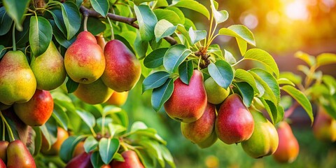 Obraz premium A vibrant pear tree laden with ripe fruit thrives in a lush garden, showcasing nature's bounty, ideal for