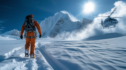 A mountaineer with climbing gear walking towards an approaching helicopter on the snow-covered ground of Alaska's wilderness, with mountains and a blue sky in the background. The sun is shining bright