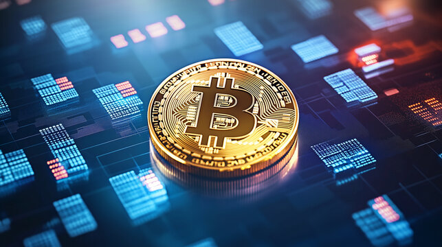 Abstract glowing tech composition capturing Bitcoin (BTC), blockchain, and crypto leading the charge in decentralized financial transformation and challenging traditional banking paradigms