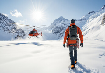 A mountaineer with climbing gear walking towards an approaching helicopter on the snow-covered ground of Alaska's wilderness, with mountains and a blue sky in the background. The sun is shining bright