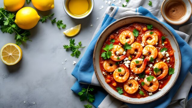 Garides Saganaki (Greek Shrimp Dish) with Feta and Fresh Herbs (Greek Cuisine)