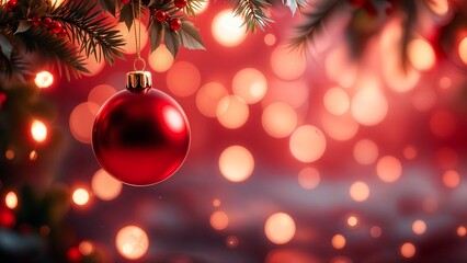 Fototapeta premium Christmas Banner Red Background. A festive and vibrant holiday-themed background in shades of deep red with a bokeh effect