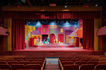 A colorful theater stage set for a performance, featuring vibrant buildings and props.