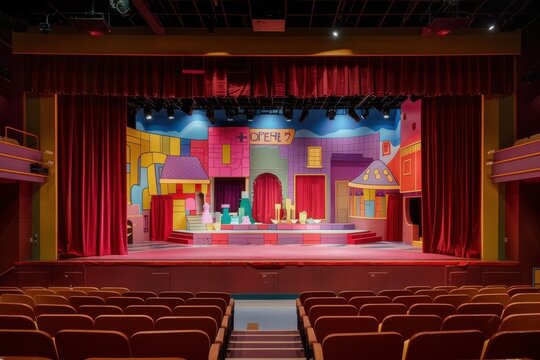 A colorful theater stage set for a performance, featuring vibrant buildings and props.