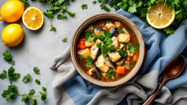 Top View of Kakavia Soup [Greek Seafood Dish] (Greek Cuisine)