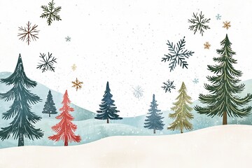 Obraz premium Whimsical watercolor illustration christmas theme, A serene winter landscape featuring various evergreen trees and delicate snowflakes against a soft, snowy backdrop.