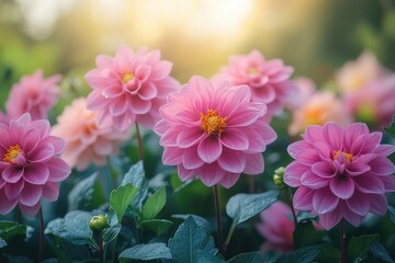 Fototapeta premium A close-up image of pink dahlias in a garden. This image is perfect for adding a touch of beauty and nature to your designs.