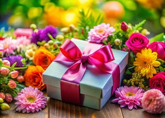 Gift Box with Flowers, High Depth of Field, Beautiful Floral Arrangement, Bokeh Background
