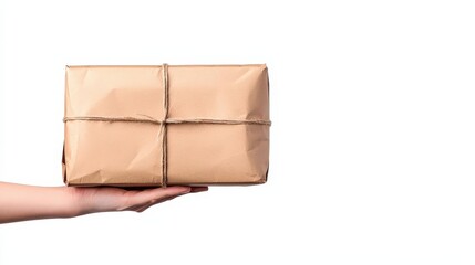 Closeup of hands handing over a package, hyperrealistic 3D, isolated on white background