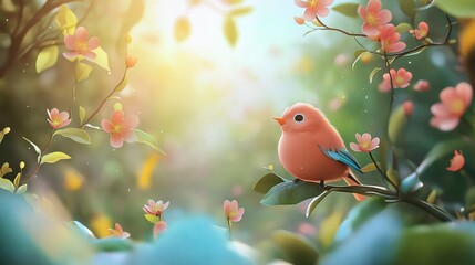 Charming Spring Bird Among Blossoming Flowers