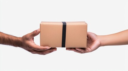 Closeup of hands handing over a package, hyperrealistic 3D, isolated on white background
