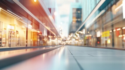 Obraz premium Urban landscape with tram tracks reflecting city lights in the evening showcasing modern architecture and vibrant atmosphere