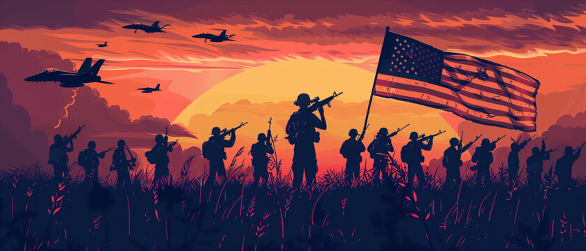 A retro poster effect illustration of soldiers in silhouette holding the USA flag at sunset, Navy fighter jets flying overhead, a tribute for Veterans Day, Memorial Day, and patriotic holidays